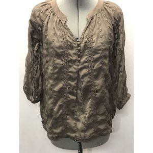 Olive & Oak Chiffon Sheer Shirt Top Size Small S Brown Embroidered Button‎